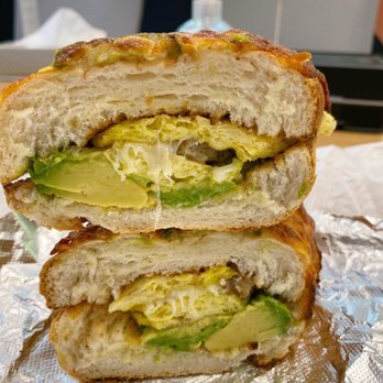 Roger's Deli & Donuts - Combo breakfast sandwich $9.50 -- sausage, egg, pepper jack cheese, and avocado (extra) on Jalapeño roll. - Delis Near Me - Mountain View, California