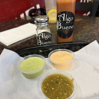 Algo Bueno - Amazing cilantro lime salsa, salsa verde, and Tapatio Crema salsas along with salt and Tapatio - Mexican Near Me - Sacramento, California Algo Bueno - Amazing cilantro lime salsa, salsa verde, and Tapatio Crema salsas along with salt and Tapatio - Mexican Near Me - Sacramento, California