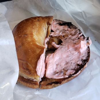 Bagel Express - cinnamon raisin bagel with strawberry cream cheese...1/4 was eaten. - Bagels Near Me - Sugar Land, Texas Bagel Express - cinnamon raisin bagel with strawberry cream cheese...1/4 was eaten. - Bagels Near Me - Sugar Land, Texas