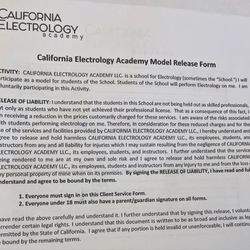 California Electrology Academy - Release of liability, which has no explanation of how services are charged