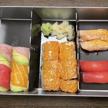 Paperfish Sushi - Left to right: Rainbow roll, misuna roll, salmon aburi, maguro nigiri - Sushi Bars Near Me - Miami, Florida Paperfish Sushi - Left to right: Rainbow roll, misuna roll, salmon aburi, maguro nigiri - Sushi Bars Near Me - Miami, Florida