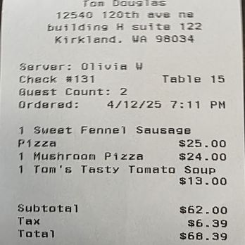 Serious Pie Totem Lake - No menu photo. Here's a receipt instead. - Pizza Near Me - Kirkland, Washington
