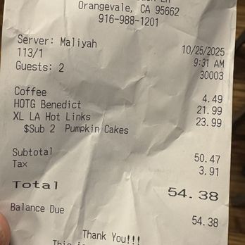 Hot Off The Griddle - Receipt for breakfast. $4.49 for drip coffee?!? - Breakfast & Brunch Near Me - Orangevale, California