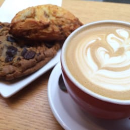 Raspberry & Peach scone, chocolate chunk cookie, latte Raspberry & Peach scone, chocolate chunk cookie, latte