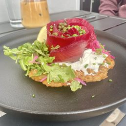 Beet Cured Salmon Latke