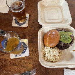 Hula burger and potato salad from The Rice Wagon food truck located just outside the brewery. And 2 drafts (Hazel $7.25 and Nydee $6.25).