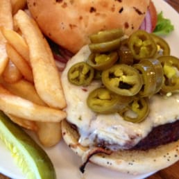 Hamburger (toppings: pepper jack cheese, jalapeños, lettuce/tomato/onion) Hamburger (toppings: pepper jack cheese, jalapeños, lettuce/tomato/onion)