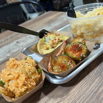 Eaker Barbecue - Mac and cheese, kimchi fried rice, cucumbers and potato salad - Barbeque Near Me - Fredricksburg, Texas