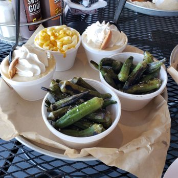 Sugar's Ribs - The grilled okra are to die for! In the back you have mac & cheese and banana pudding - Barbeque Near Me - Chattanooga, Tennessee Sugar's Ribs - The grilled okra are to die for! In the back you have mac & cheese and banana pudding - Barbeque Near Me - Chattanooga, Tennessee