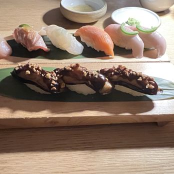 Katami - Top: Kanpachi, Seared Toro, Madai, New Zealand Salmon, Hamachi (2x) Bottom: Miso Eggplant (3x) - Sushi Bars Near Me - Houston, Texas Katami - Top: Kanpachi, Seared Toro, Madai, New Zealand Salmon, Hamachi (2x) Bottom: Miso Eggplant (3x) - Sushi Bars Near Me - Houston, Texas