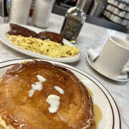 Pancakes sausage and eggs
