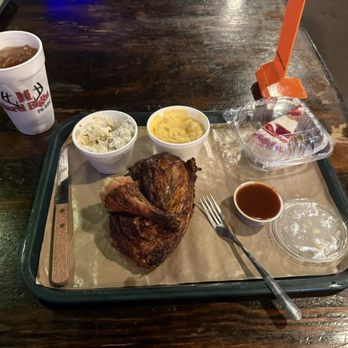 Hard Eight BBQ - Diet Coke, Chicken Half, twice baked potato salad, Macaroni and Cheese, Cheesecake - Barbeque Near Me - Coppell, Texas