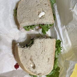 Delicious turkey, cranberry, cream cheese on sourdough.