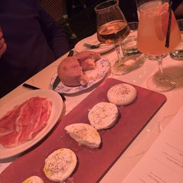 Mozzarella tasting, ciabatta, prosciutto. Sweetheart spritz (forefront drink)