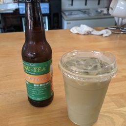 customized iced matcha latte with rose and a turmeric kombucha