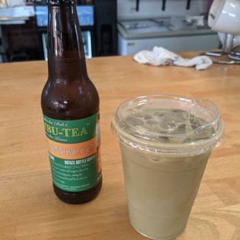 Bottoms Up Coffee - customized iced matcha latte with rose and a turmeric kombucha - Coffee & Tea Near Me - Columbus, Ohio