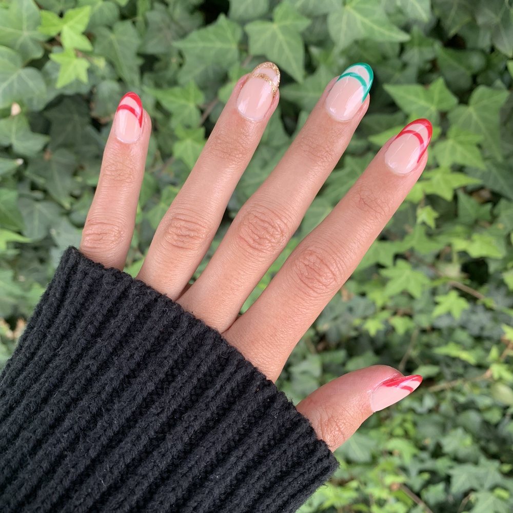 The Nail Logic - Christmas themed design, dip nails, almond shape - Nail Salons Near Me - Gilbert, Arizona The Nail Logic - Christmas themed design, dip nails, almond shape - Nail Salons Near Me - Gilbert, Arizona