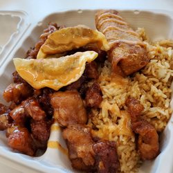 Mein Bowl - Fried rice with general tso chicken, chicken dumplings, and an egg roll.