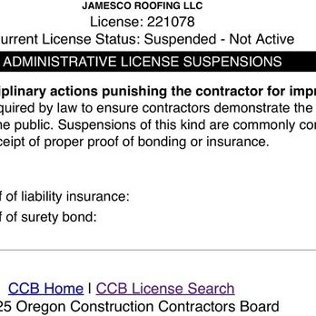 JamesCo Roofing - CCB Notice that indicates JamesCo Roofing LLC license number: 221078 is in a current suspended non-active license status - Roofing Near Me - Coquille, Oregon