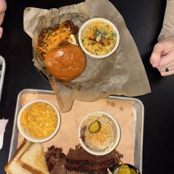 Gettin' Basted - -Chili Cheese Burger with publano cream corn   -Wagyu brisket plate with potatoes salad and Mac and cheese - Barbeque Near Me - Branson, Missouri