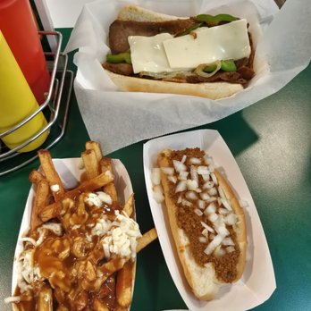McSweeney's Red Hots - Top: steak sandwich Left: homemade fries with gravy and cheese Right: a Red Hot Michigan (what they're known for) - Burgers Near Me - Plattsburgh, New York
