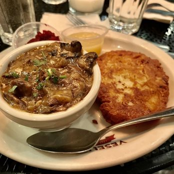 Veselka - Beef Stroganoff, Potato Pancake Plate - Ukrainian Near Me - New York, New York Veselka - Beef Stroganoff, Potato Pancake Plate - Ukrainian Near Me - New York, New York