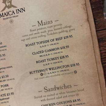 Jamaica Inn - The menu with the promise of 3 veg accompanying the roast dinners. - Pubs Near Me - Launceston, CON Jamaica Inn - The menu with the promise of 3 veg accompanying the roast dinners. - Pubs Near Me - Launceston, CON