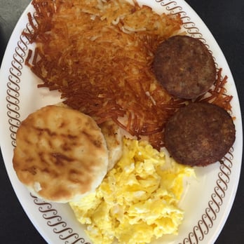 Waffle House - eggs, biscuit, sausage, and extra-crispy hash browns (per request) - Diners Near Me - Stockbridge, Georgia Waffle House - eggs, biscuit, sausage, and extra-crispy hash browns (per request) - Diners Near Me - Stockbridge, Georgia