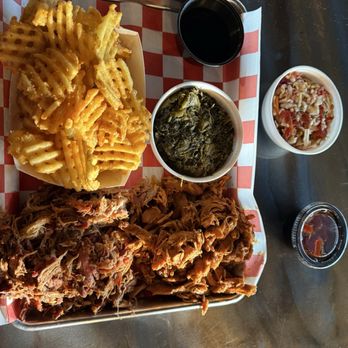 Smok'n Crew Barbecue - 2 meat plate (pork and chicken) greens spicy slaw fries - Mooresville, IN