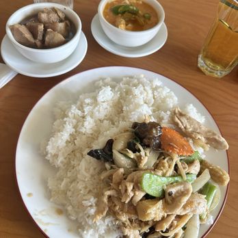 Immm Rice and Beyond - (top left to bottom) Mhoo Whan (carmelized pork belly), Panang Curry, Ginger Chicken - Thai Near Me - Chicago, Illinois