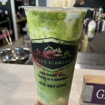 Boba Journey - Strawberry Matcha with cheese foam and egg pudding - Bubble Tea Near Me - Bentonville, Arkansas