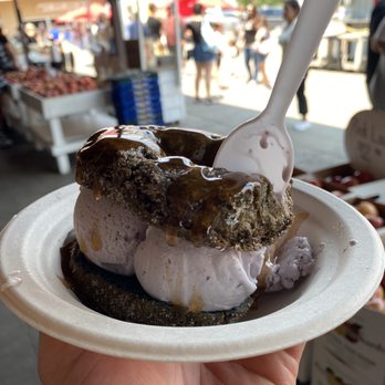 Boa Vista Orchards - Ice cream sandwich. Blueberry doughnut with blueberry ice cream - Fruits & Veggies Near Me - Placerville, California