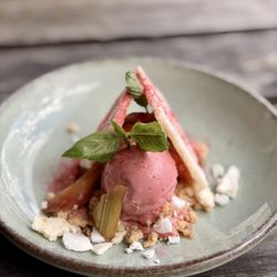 Madeinitaly - House made gelato with meringue and rhubarb compote