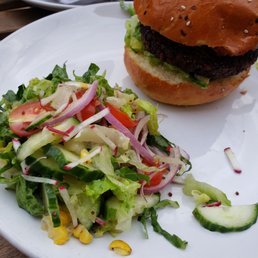 $21 black bean, quinoa, poblano and bell pepper patty w/lettuce tomato, onion, sauteed peppers in a seasoned brioche with side salad