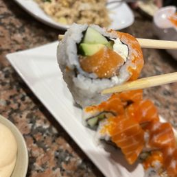 a plate of sushi with chopsticks a plate of sushi with chopsticks