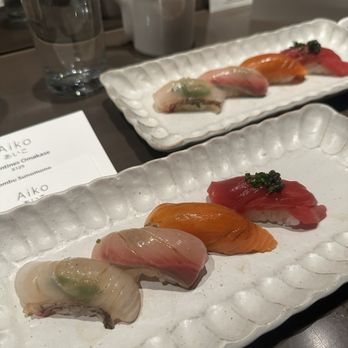 Aiko - 4 piece nigiri: madai, kanpachi, sake, akami (comes with $45 HH omakase) - Japanese Near Me - Houston, Texas Aiko - 4 piece nigiri: madai, kanpachi, sake, akami (comes with $45 HH omakase) - Japanese Near Me - Houston, Texas