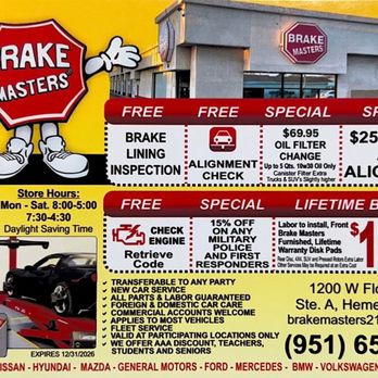 Brake Masters - Present this offer at the front desk to receive special pricing and discounts. - Auto Repair Near Me - Hemet, California Brake Masters - Present this offer at the front desk to receive special pricing and discounts. - Auto Repair Near Me - Hemet, California