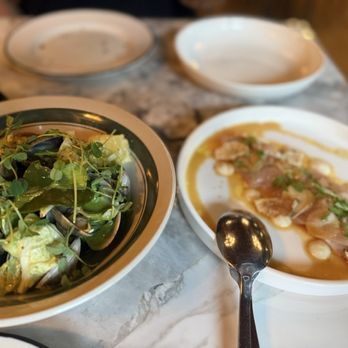 Songbird Parlour - Thai green curry, clams, coconut, lime leaf, brassicas, basmati rice and Kampachi crudo - Venues & Event Spaces Near Me - Glen Ellen, California