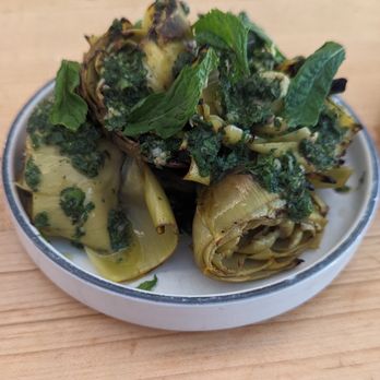 Misi - grilled baby artichokes, mint salsa verde - Italian Near Me - Brooklyn, New York Misi - grilled baby artichokes, mint salsa verde - Italian Near Me - Brooklyn, New York