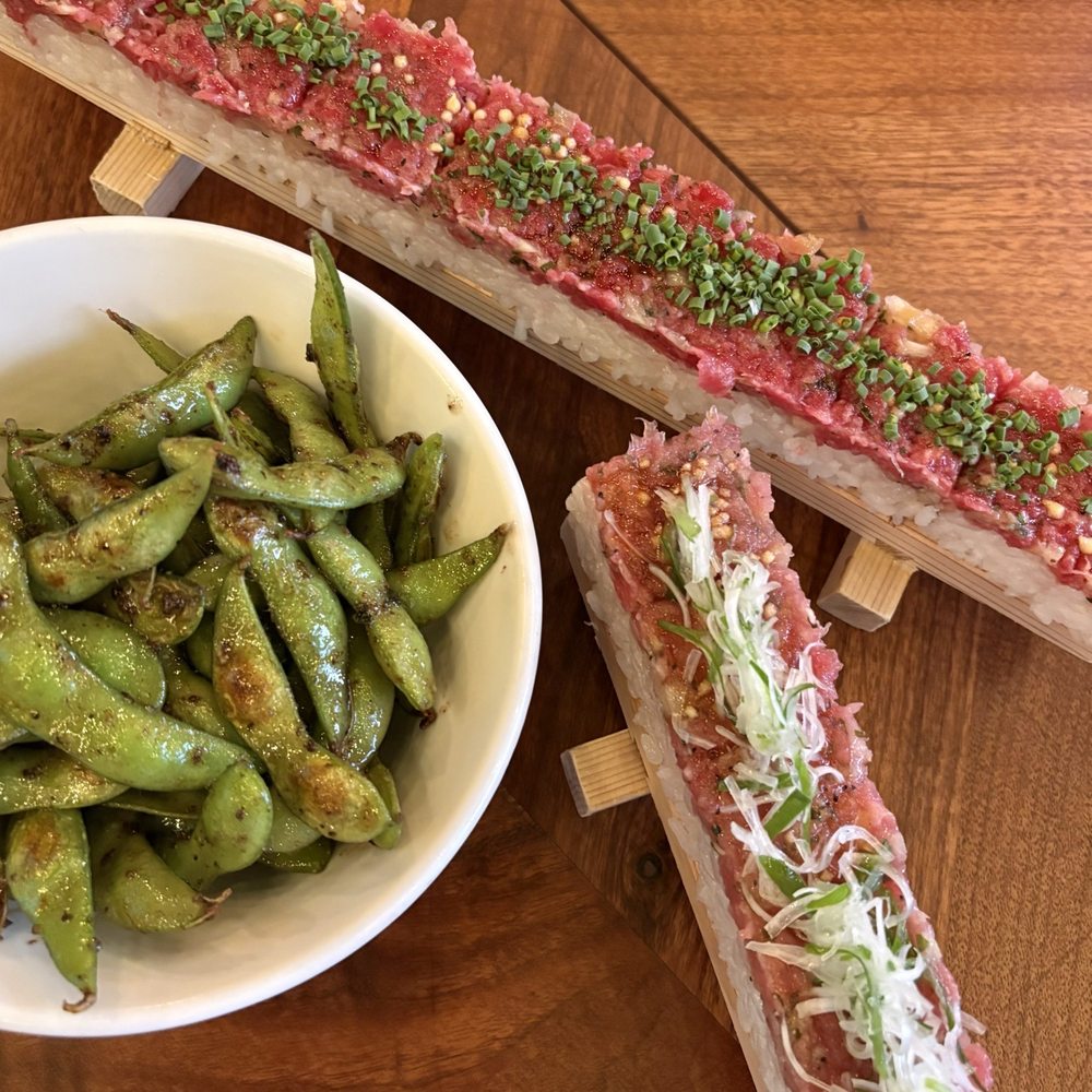 New Fuji - Left: Truffle edamame ($9) Top: Long Yukhoe sushi ($29) Bottom: Negitoro long pressed sushi ($29) - Japanese Near Me - Vancouver, British Columbia