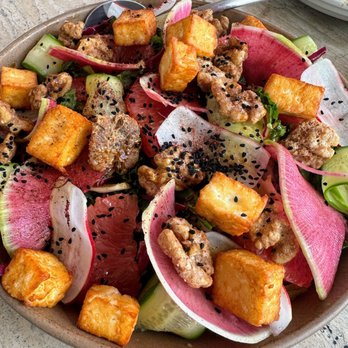 Abbalé - Halloumi Cheese & Grapefruit Salad with kale, radishes, nuts, cucumber - Mediterranean Near Me - Aventura, Florida Abbalé - Halloumi Cheese & Grapefruit Salad with kale, radishes, nuts, cucumber - Mediterranean Near Me - Aventura, Florida
