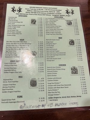 Menu photo 1 A Golden Dragon Chinese Restaurant Selma, CA
