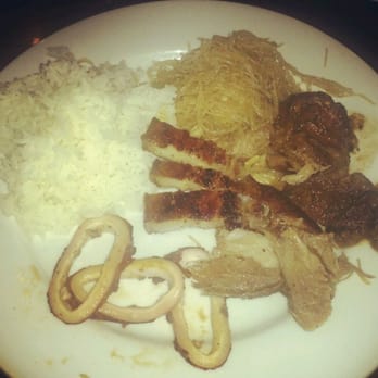 Gerry's Grill - My plate - rice, pancit, crispy pata, adobo & calamari. - Filipino Near Me - Artesia, California