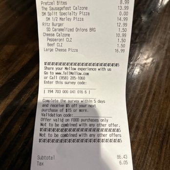 Mellow Mushroom Pooler - Receipt - Pizza Near Me - Pooler, Georgia