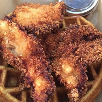Photo of CreativEats - Hawthorne, CA, United States. Panko buttermilk chicken with wild rice waffle and dijon maple syrup. Moist chicken but the outside was way too crunchy.