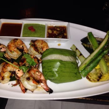 Origin French Thai - Jumbo shrimp, steamed sticky rice wrapped in banana leaves, grilled vegetables, and trio of dipping saucer - Thai Near Me - Basking Ridge, New Jersey