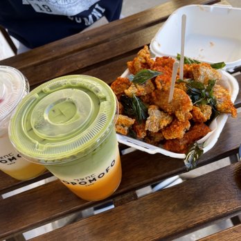 Bopomofo Cafe - Strawberry corn milk (left), Carrot Match Latte (right), popcorn chicken & dip! - Bubble Tea Near Me - San Gabriel, California Bopomofo Cafe - Strawberry corn milk (left), Carrot Match Latte (right), popcorn chicken & dip! - Bubble Tea Near Me - San Gabriel, California