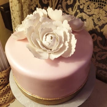 The Cakery - Bridal shower cake, 8inch pink and gold fondant cake with fondant peonies. - Custom Cakes Near Me - Burlingame, California