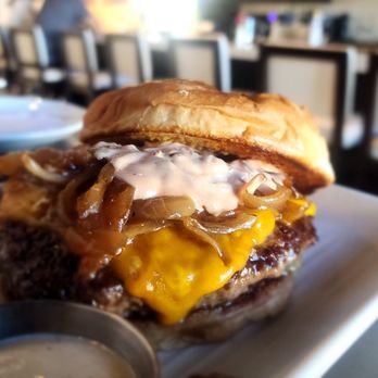 Latitude 34 - Bacon Cheddar Burger - beef patty, cheddar cheese, caramelized onions with bacon, pickles, house sauce, on a toasted brioche bun. - New American Near Me - Camarillo, California Latitude 34 - Bacon Cheddar Burger - beef patty, cheddar cheese, caramelized onions with bacon, pickles, house sauce, on a toasted brioche bun. - New American Near Me - Camarillo, California
