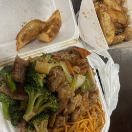 Potstickers, beef broccoli, black pepper chicken, potato chicken, and noodles Potstickers, beef broccoli, black pepper chicken, potato chicken, and noodles